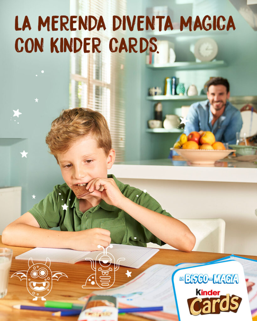 A young boy savoring Kinder Cards while completing schoolwork, with cheerful doodles adding whimsy to the moment.