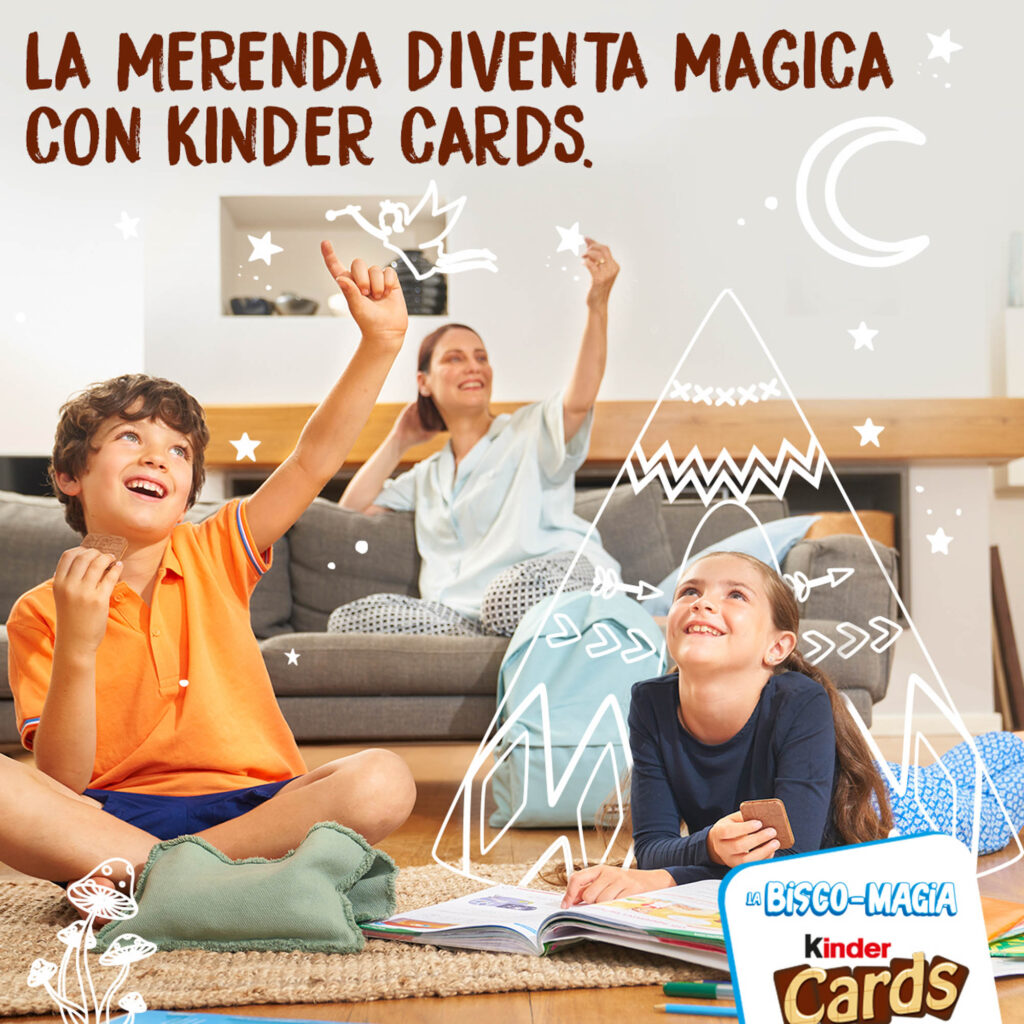 Kids sharing snacks in a vibrant car interior while enjoying Kinder Cards.